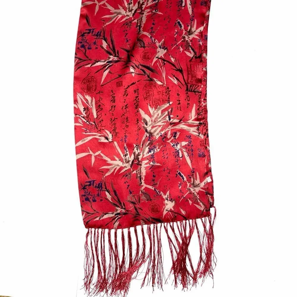 Men's Red Doubled Silk Scarf Hieroglyphs and Floral Bamboo Design Fringed